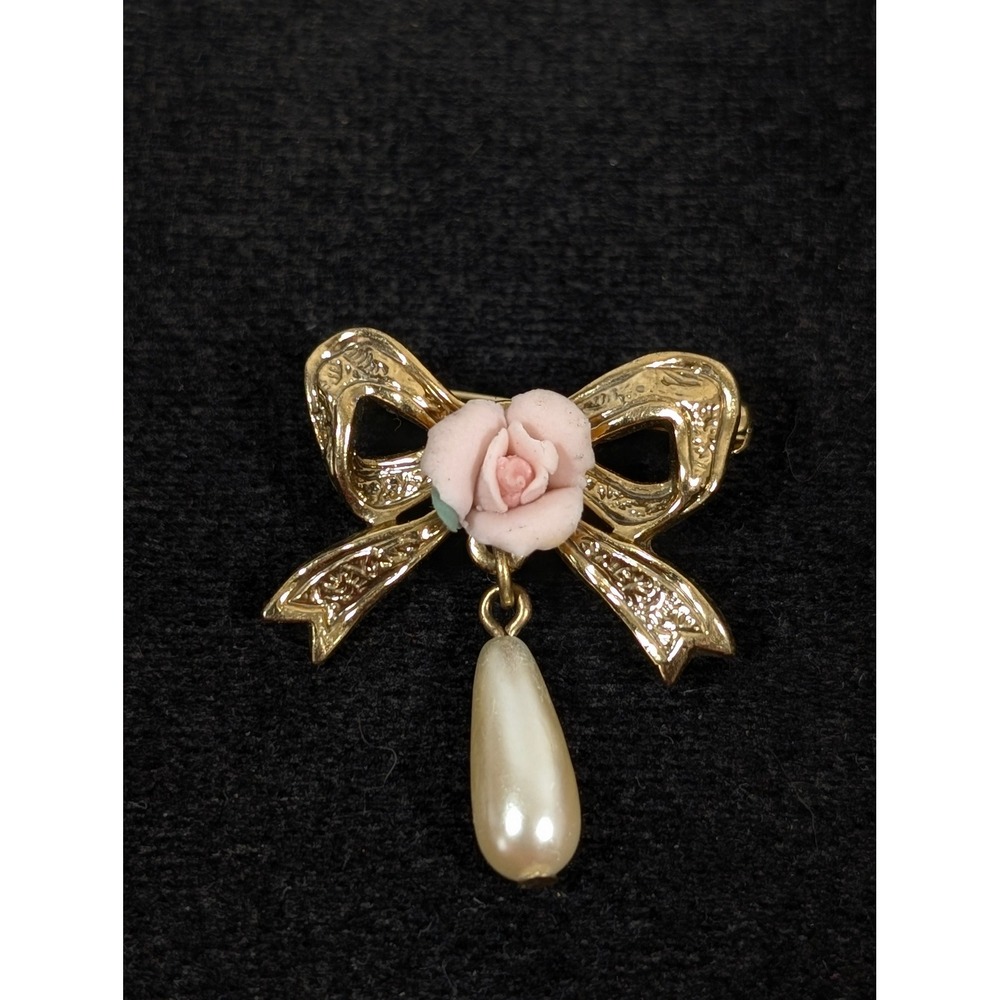 Vintage 1928 Jewelry Co Bow Brooch Pin Pink Rose Pearl Drop Victorian Revival